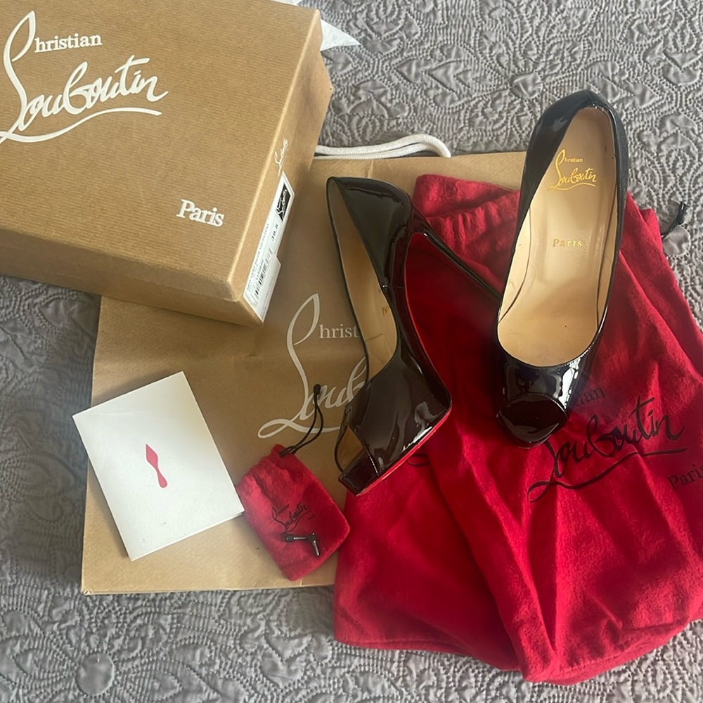 Christian Louboutin classic peeptoe black patent leather pumps